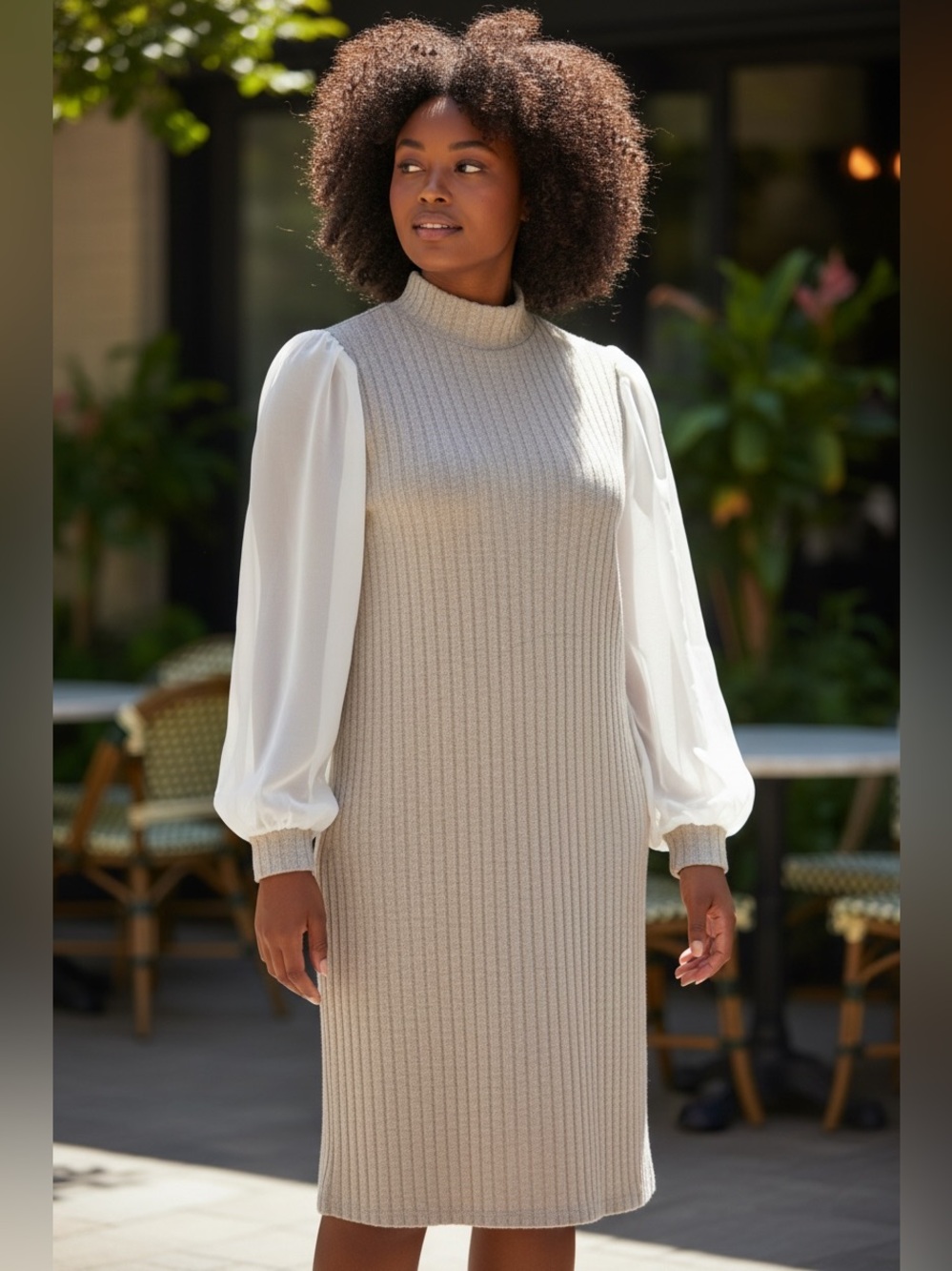 Beige Ribbed Knit Textured Sweater Dress -White Sheer Puff-Sleeve -Mock Neck